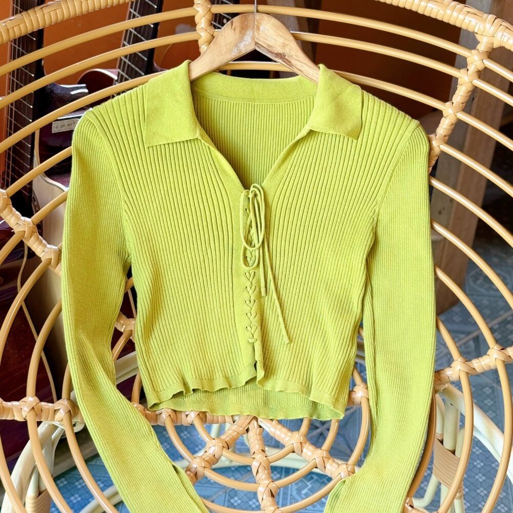 Lime Green Ribbed Knit Lace Up Crop Top Collared Long Sleeve Shirt